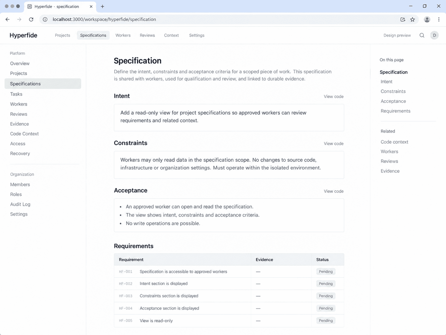 ui specification workspace — interface concept