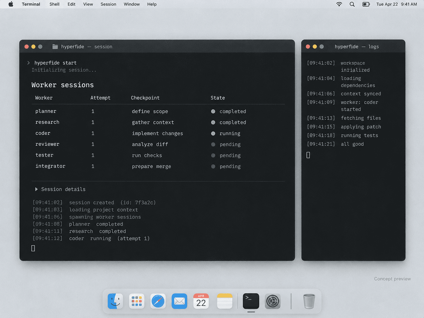 worker session terminal — interface concept